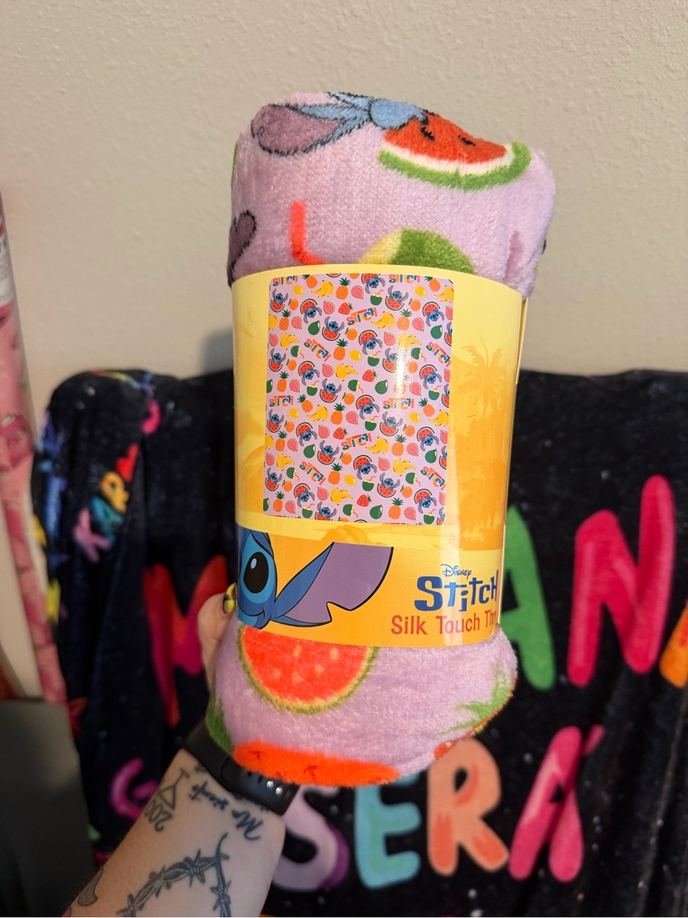 Disney Stitch Pink Fruit Print Plush Throw Blanket